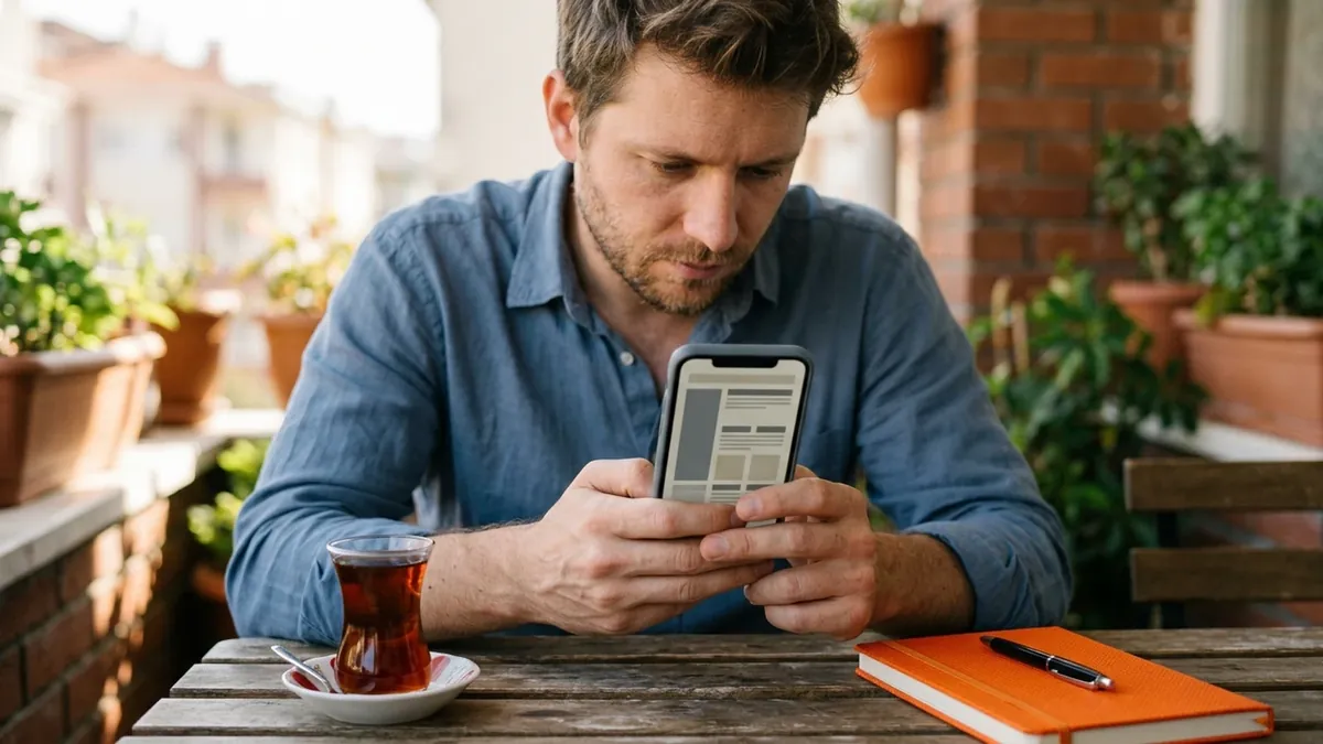 Mutfak masasında telefondaki bir belgeyi inceleyen adam