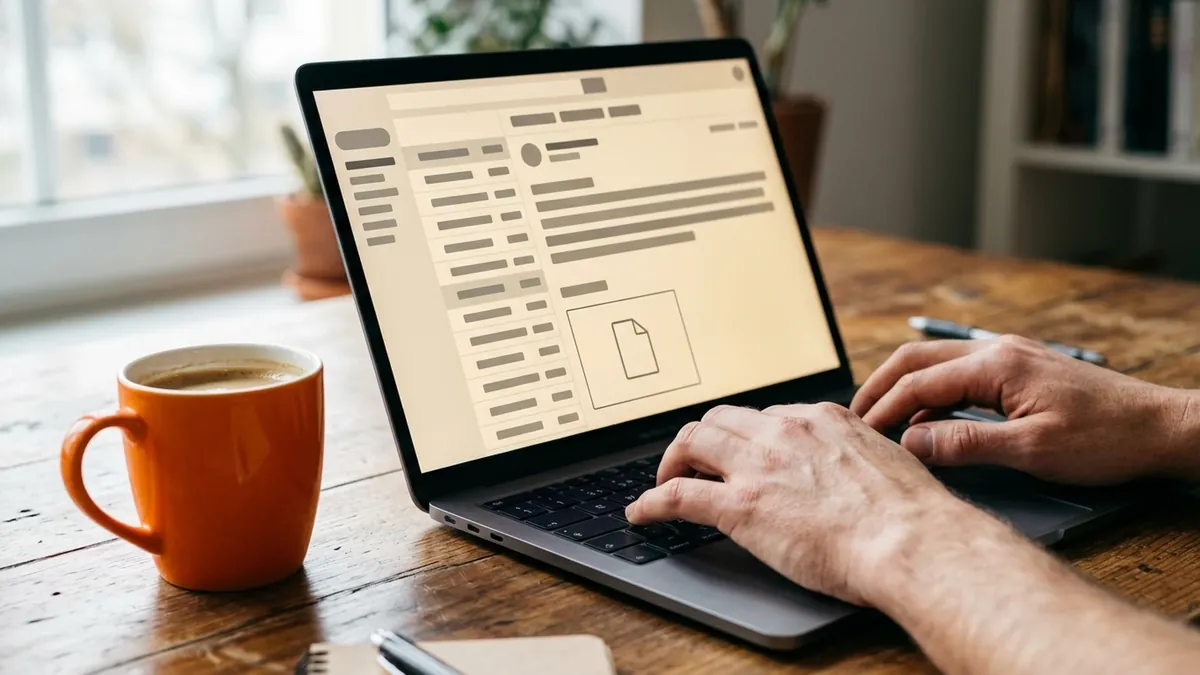 Dizüstü bilgisayarda e-posta yazan eller; ekranda bulanık bir e-posta penceresi