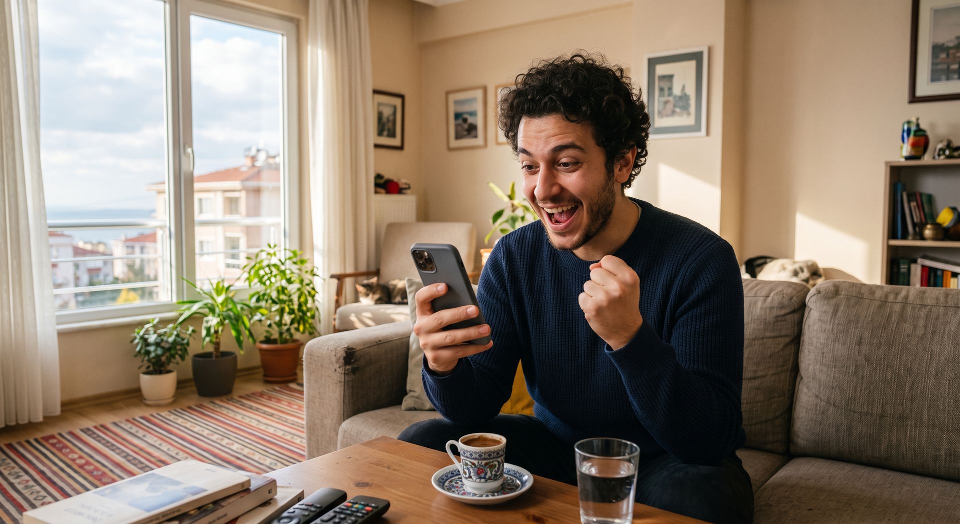 Telefonunda iyi bir haber alıp sevinen genç adam