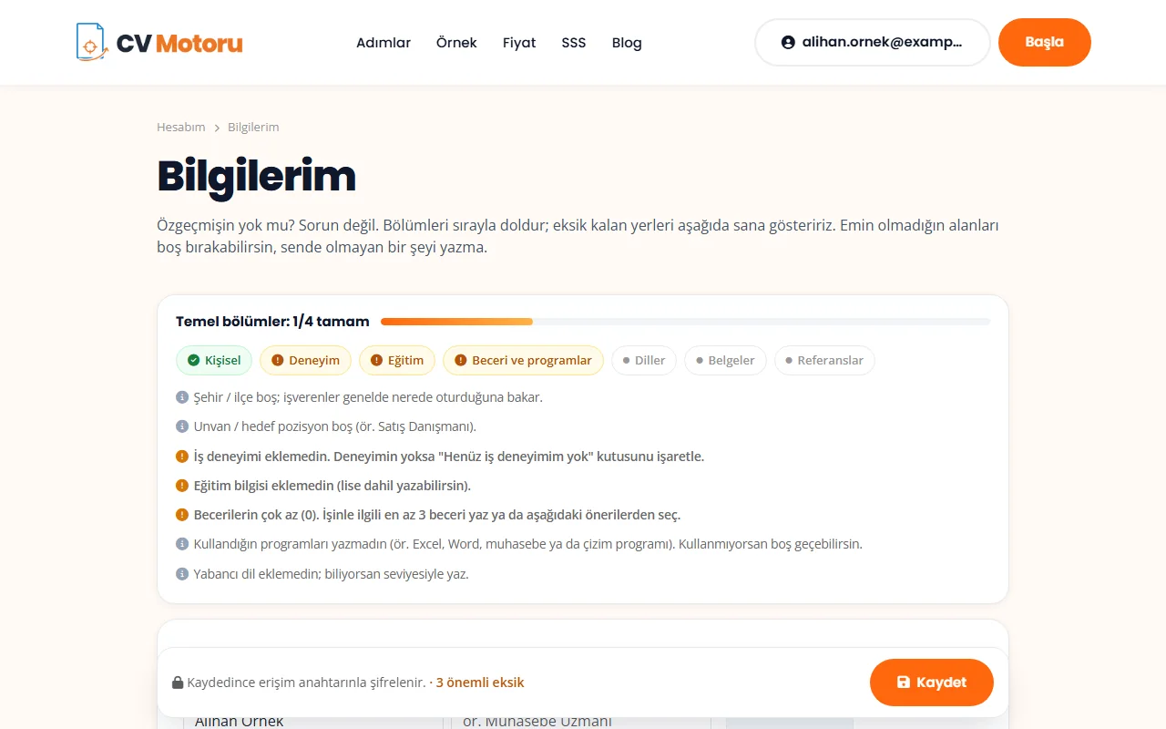 Özgeçmişi olmayanlar için form ve eksikleri gösteren rehber