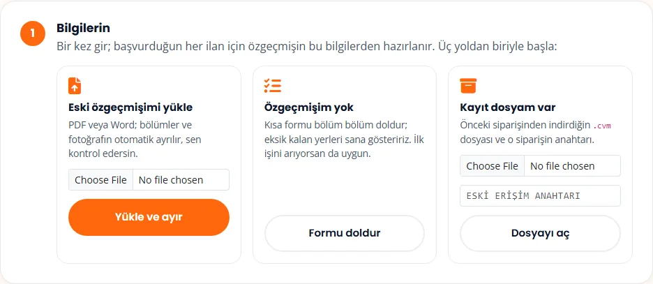 Hesabım sayfasında üç seçenek: eski özgeçmişimi yükle, özgeçmişim yok, kayıt dosyam var