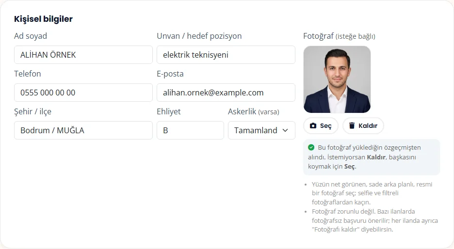 Kişisel bilgiler ve özgeçmişten alınan vesikalık fotoğraf