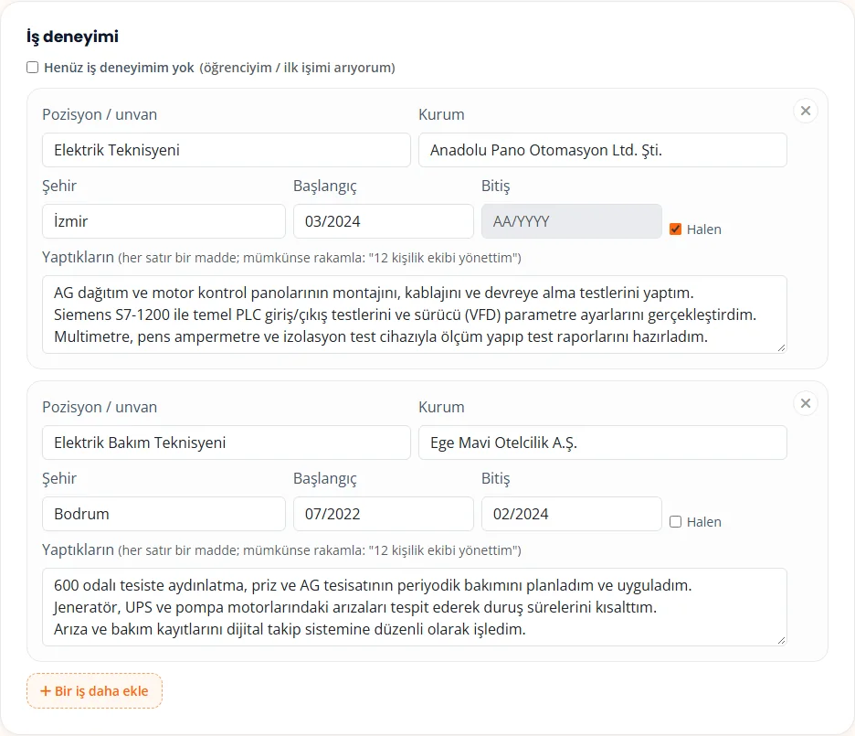 Tarihleri ve yaptıkları düzeltilmiş iş deneyimleri