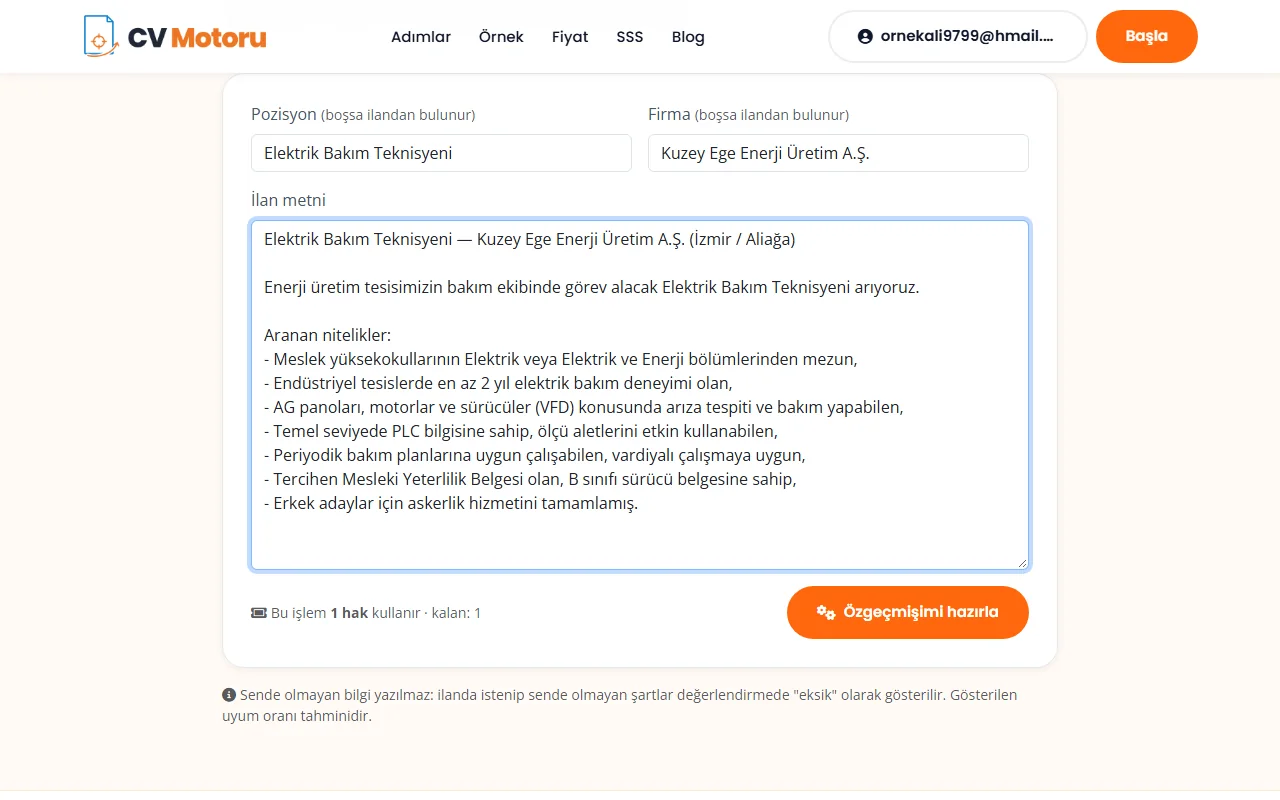 İlan metninin yapıştırıldığı form