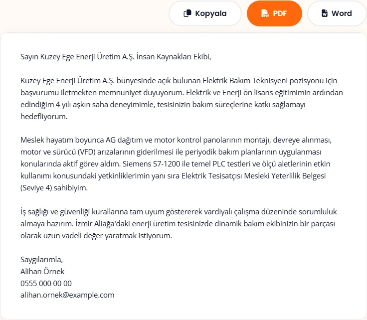 İlana ve firmaya özel ön yazı