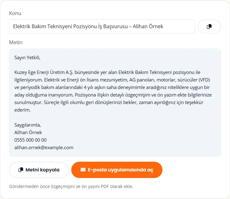 Başvuru e-postası konu ve metni