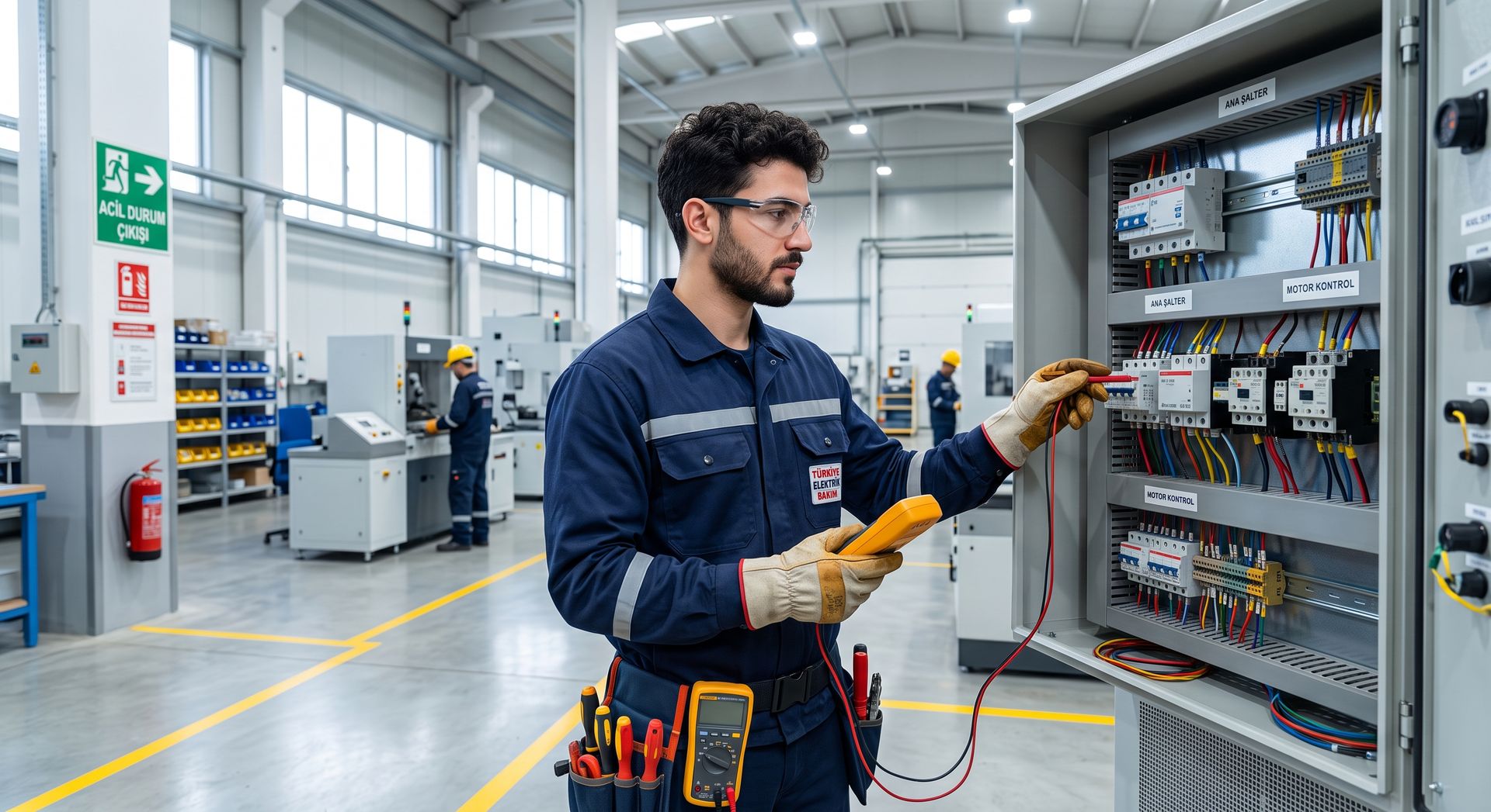 Elektrik panosunda ölçüm yapan bakım teknisyeni